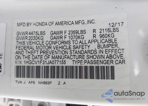 2018 Honda Accord Sport из США, поврежденный, VIN 1HGCV1F31JA077155